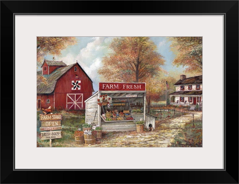 Large contemporary painting of a rural farm stand with a red barn and a house in the background.