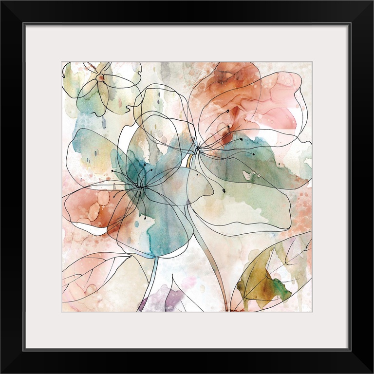 Abstract floral decor with black outlines of flowers on a multi-colored watercolor background.