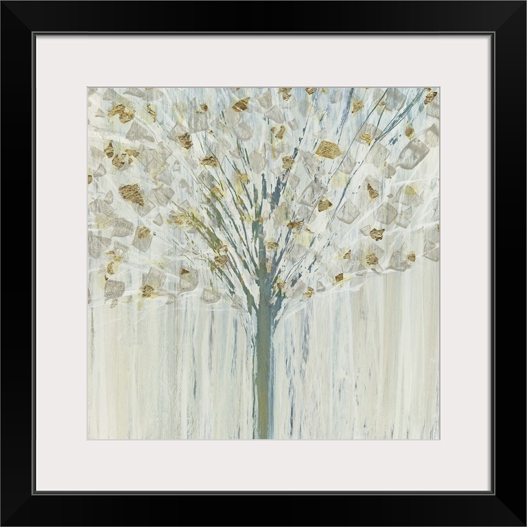 A contemporary abstract painting of a winter tree with small silver and gold brushstrokes resembling the frosted leaves.