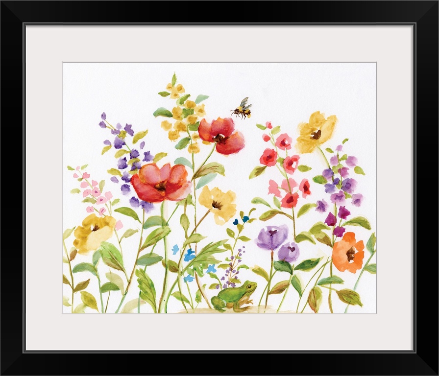 A bed of watercolor flowers are accompanied by a frog and bumble bee.