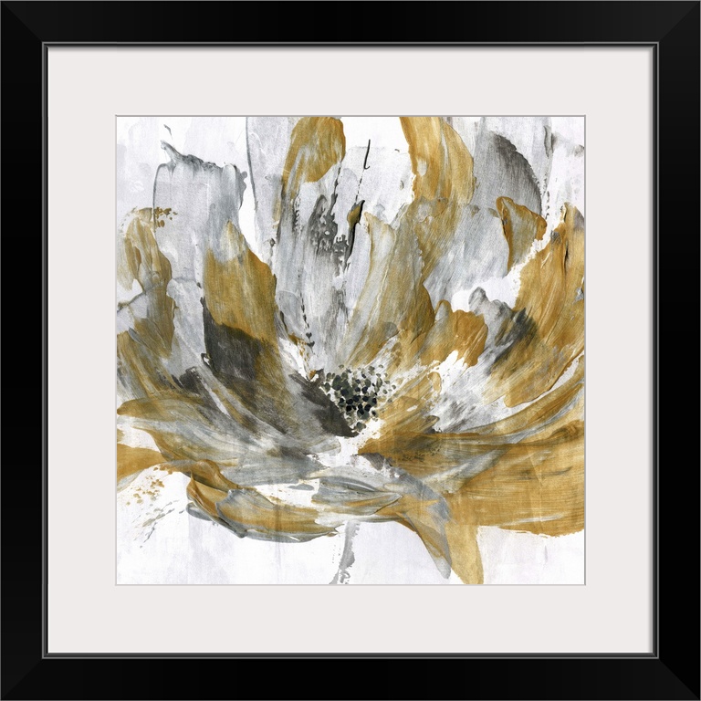 Square abstract painting of a gold and silver flower.