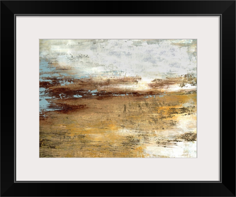 Abstract contemporary painting in gold and grey, resembling a landscape at sunset.