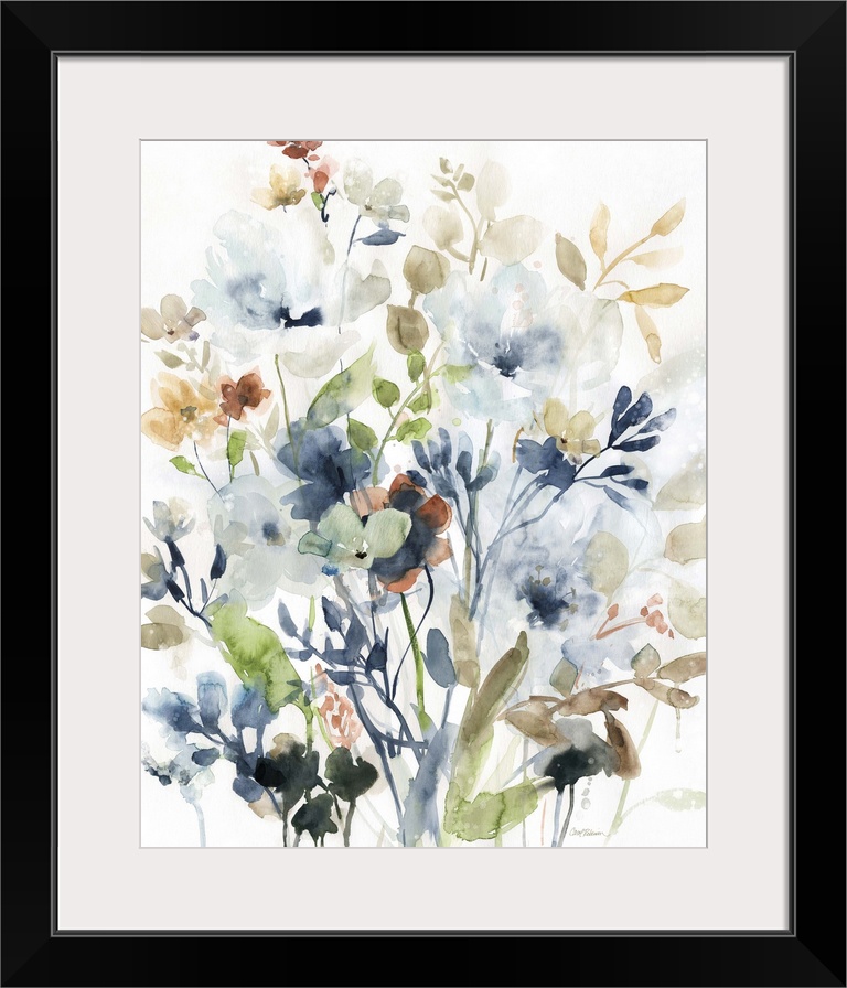 Watercolor painting of wildflowers in earthy colors on a white background.