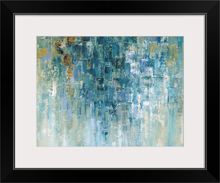 Contemporary abstract art in cool colors with cascading shapes.