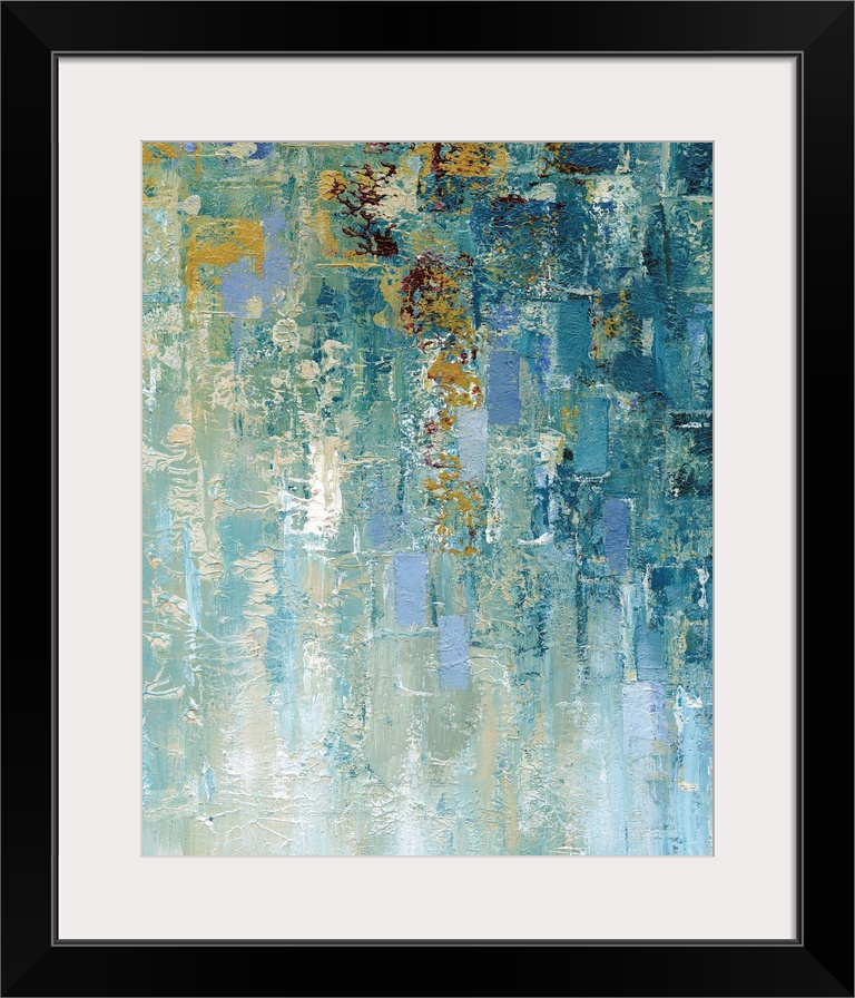 Vertical abstract painting comprised of cascading heavy textured painted rectangles in shades of blue, beige, yellow and red.