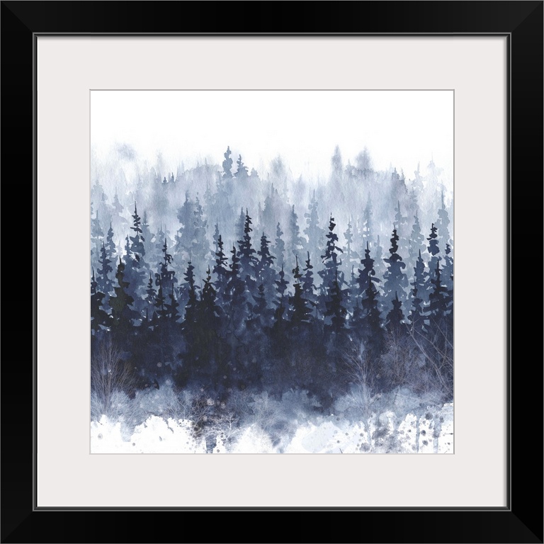 Square watercolor painting of indigo trees with paint splatter on the bottom.