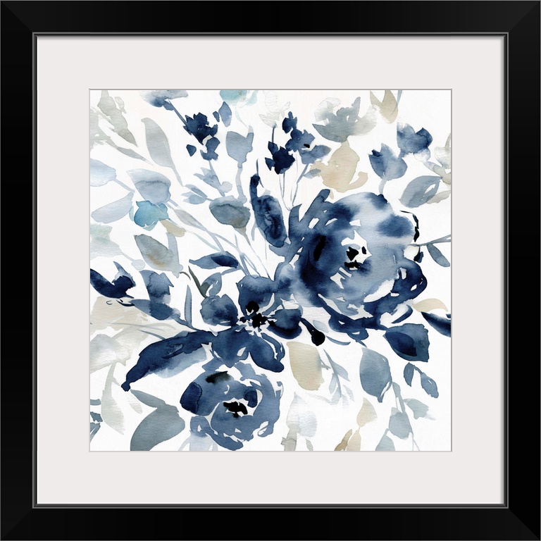 Square watercolor painting of flowers with indigo, gray, and tan hues.