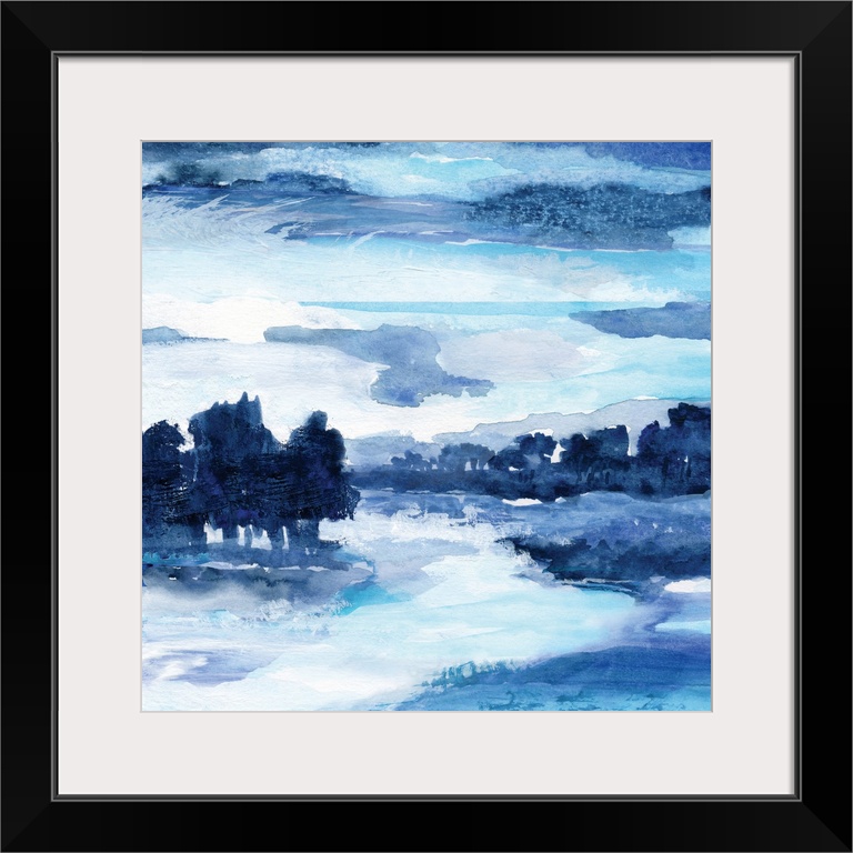Square watercolor landscape painting made with shades of blue.
