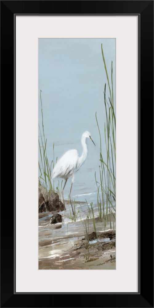 Tall panel painting of an egret on a rocky shore with tall beach grass.