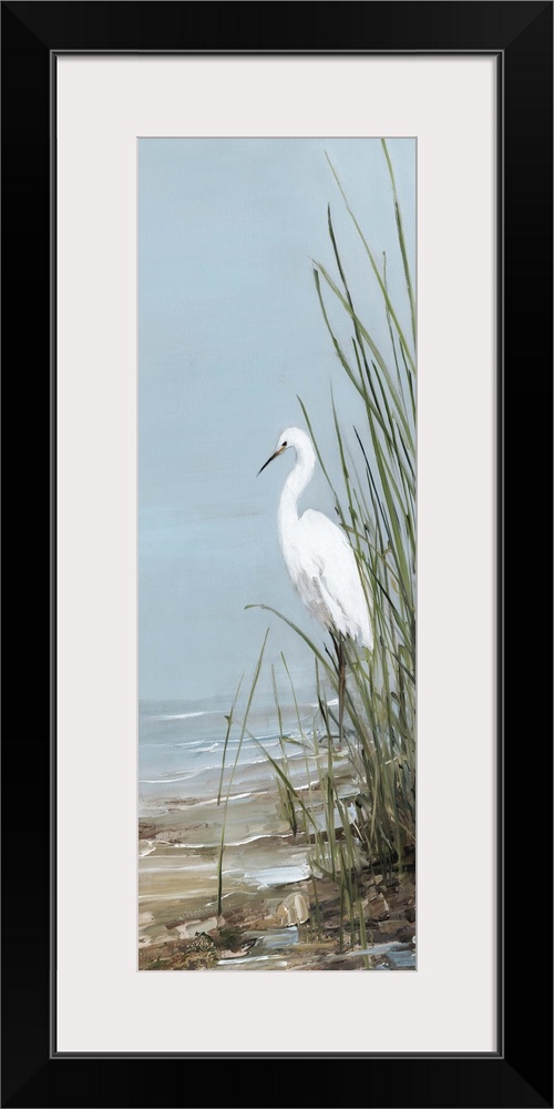Tall panel painting of an egret walking on the shore with tall beach grass.