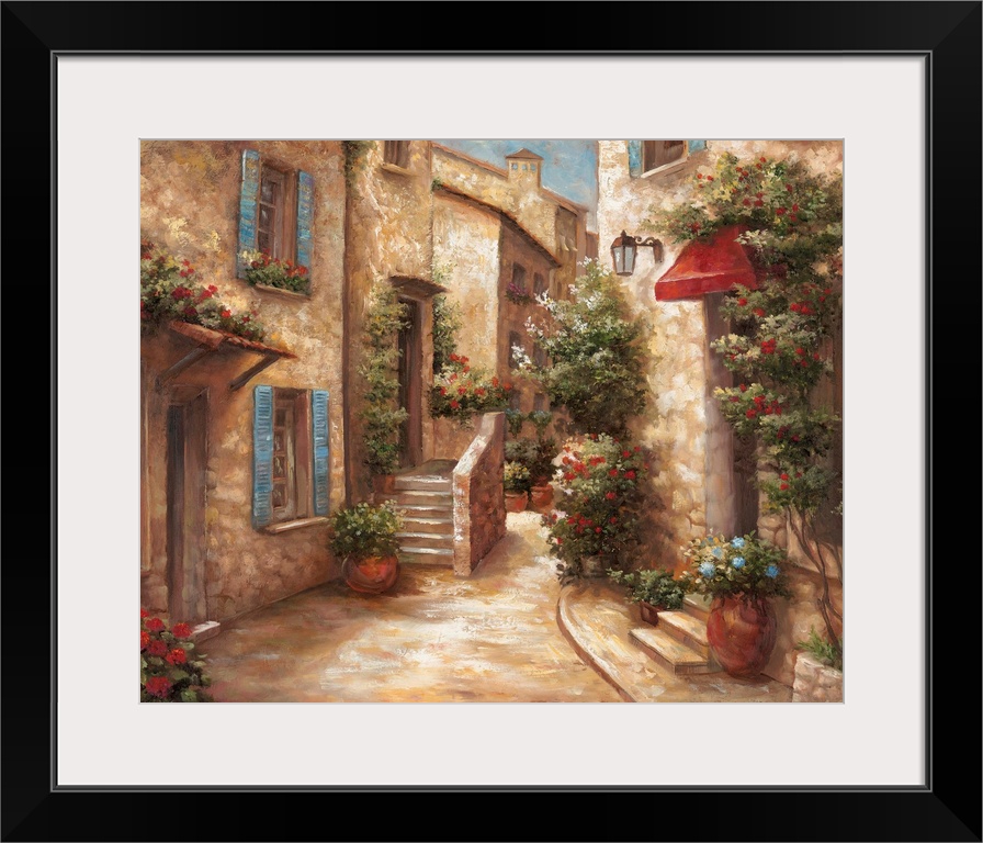 Horizontal, large home art docor of a narrow street running through a stone Italian village, the windows and doorways on e...