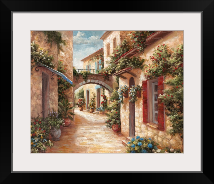 A traditional style painting of a cobblestone alleyway in an Italian village, with doors and windows surrounded by flowers.