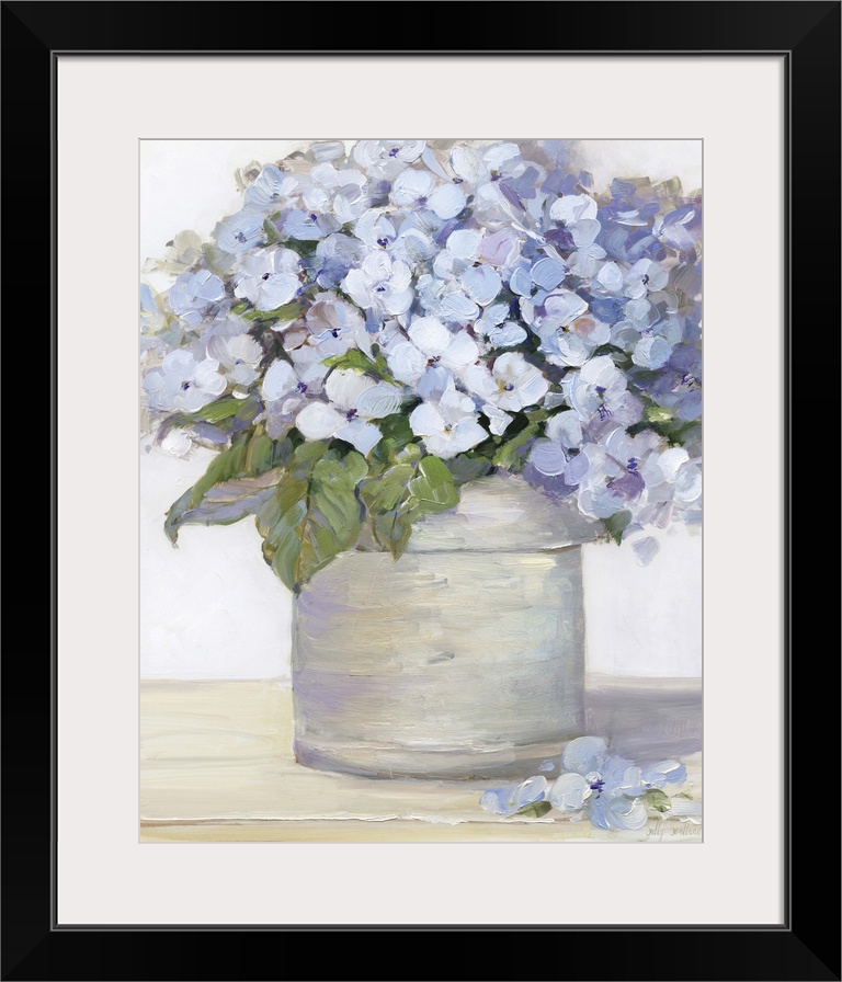 Large still life painting of arranged lavender hydrangeas on a table.
