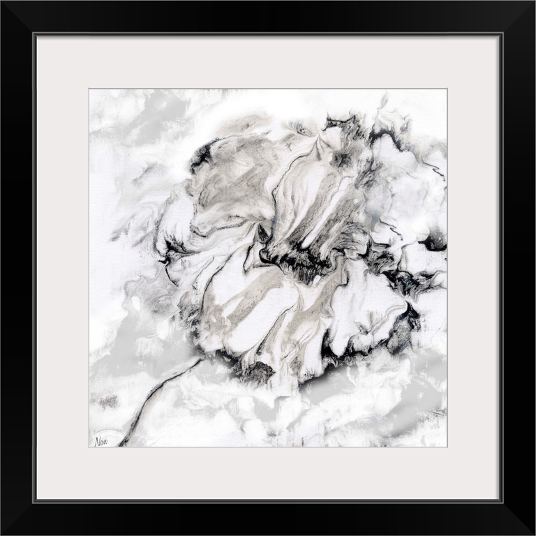 Black and white art print of a flower with a wavy, marbled effect.