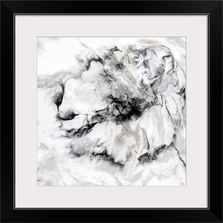 Black and white art print of a flower with a wavy, marbled effect.