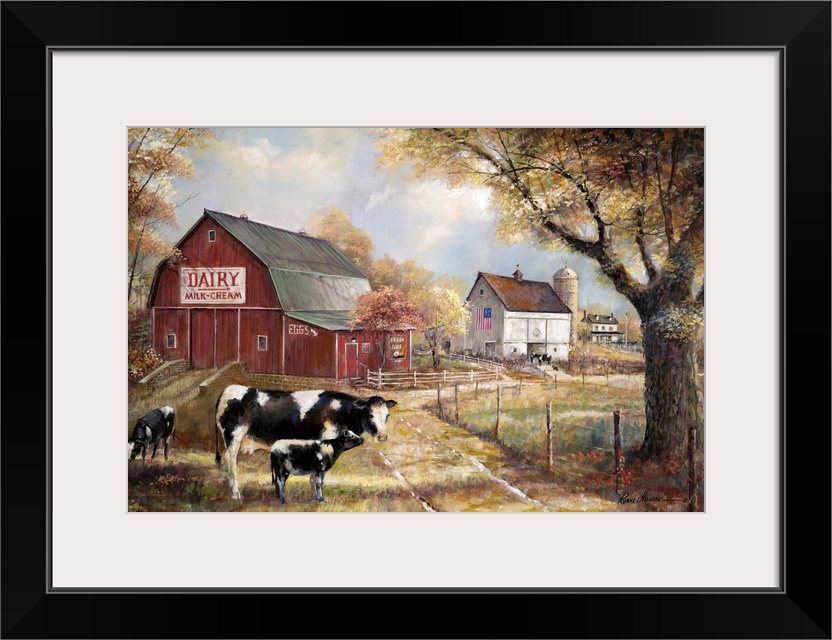 Contemporary painting of a dairy farm with a big red barn and three cows out front on an Autumn day.