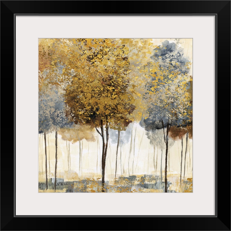 Square decor with metallic gold and silver trees in an abstract forest.