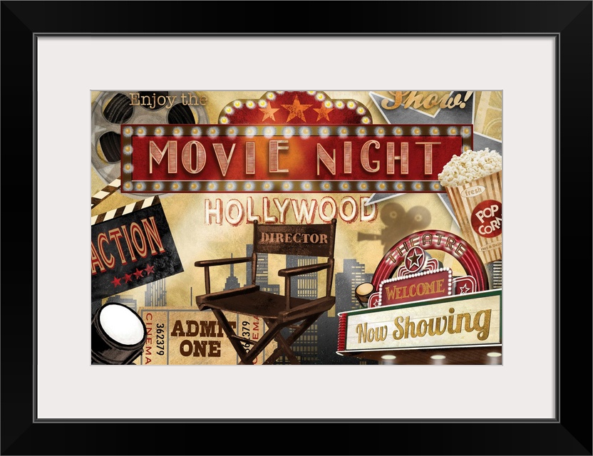 A collage of movie theater themed graphic elements featuring a director's chair, popcorn and other cinema themed items.