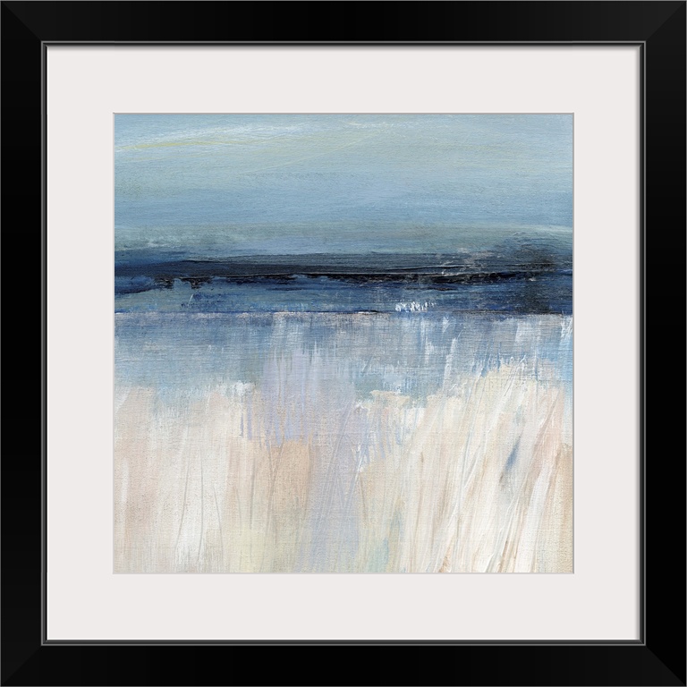 Square abstract painting of a seascape with the sandy beach at the bottom and the ocean and sky above, separated by differ...