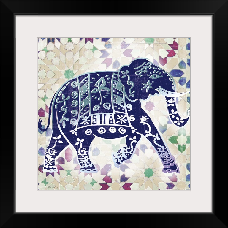 Square decor with an indigo elephant that has beautiful designs on top of a patterned background.