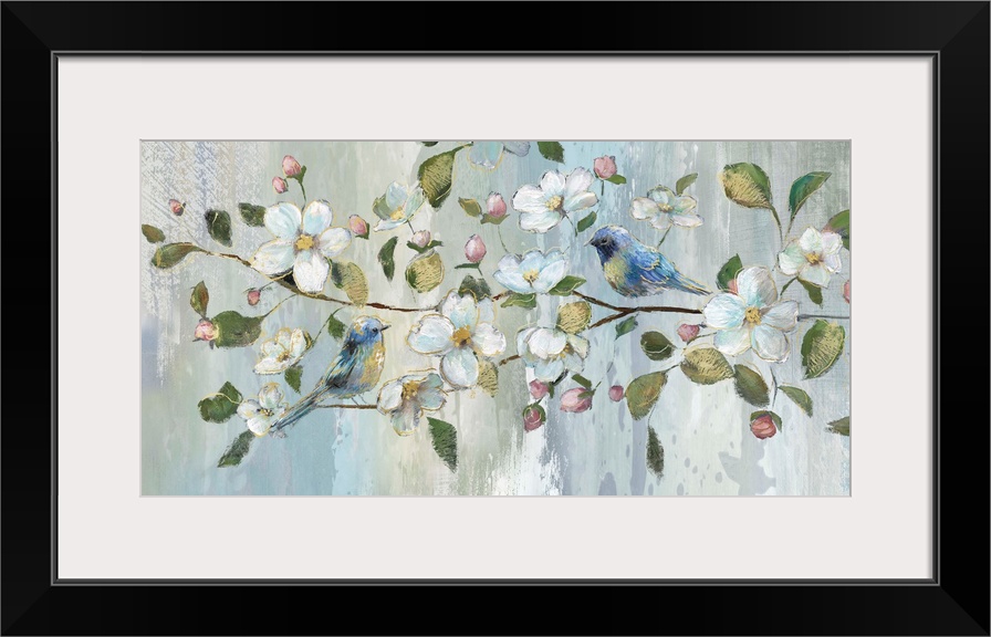 Contemporary painting of two blue birds perched on a branch with white flowers, pink flower buds, and green leaves with go...