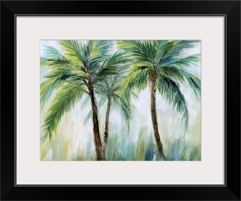 Large palm tree landscape painting in shades of blue, green, yellow, and white.