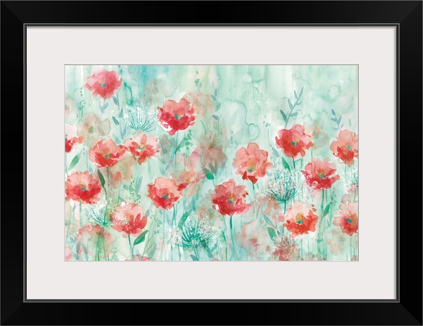 Large watercolor painting of a garden filled with poppy and queen anne flowers with a blue-green background.