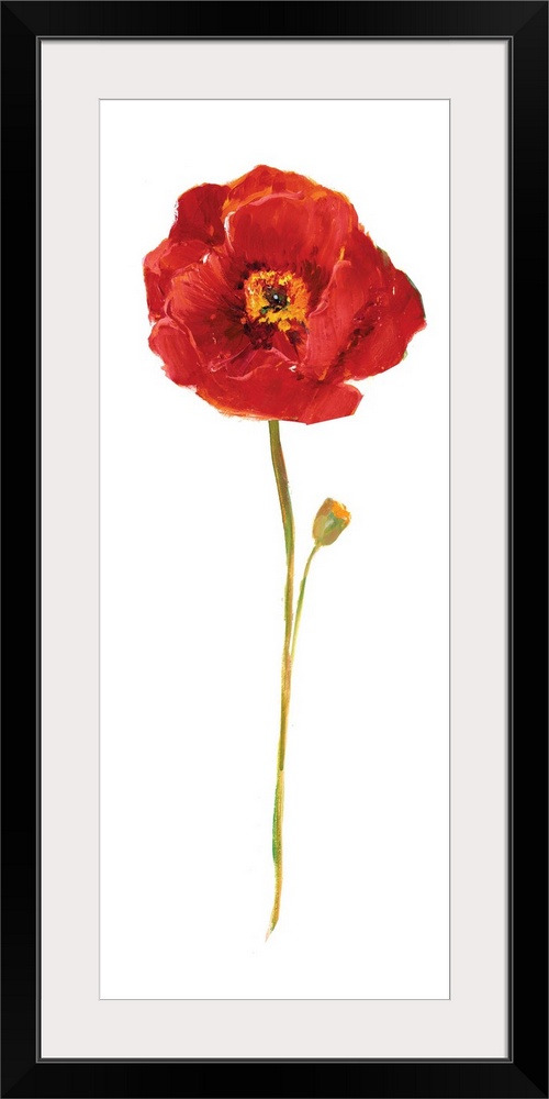 Tall contemporary painting of a red poppy flower with a long stem on a solid white background.