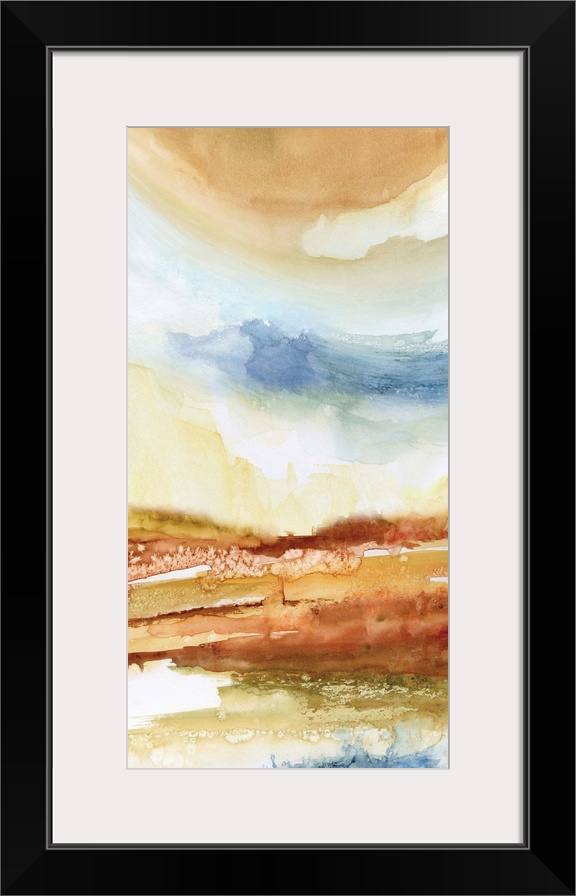 Abstract watercolor painting in blue, red, and orange, resembling a desert landscape.