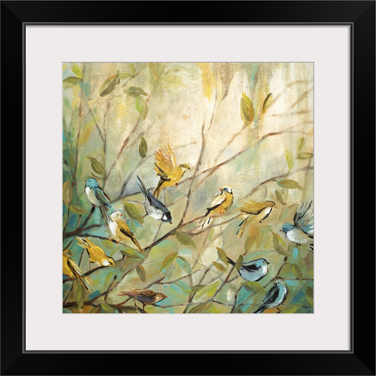 A contemporary painting with blue, yellow, and green hues of twelve birds sitting on small branches