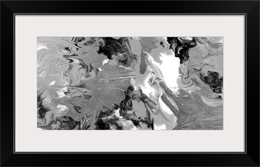 Abstract contemporary artwork in shades of grey and white with marble-like ripples.