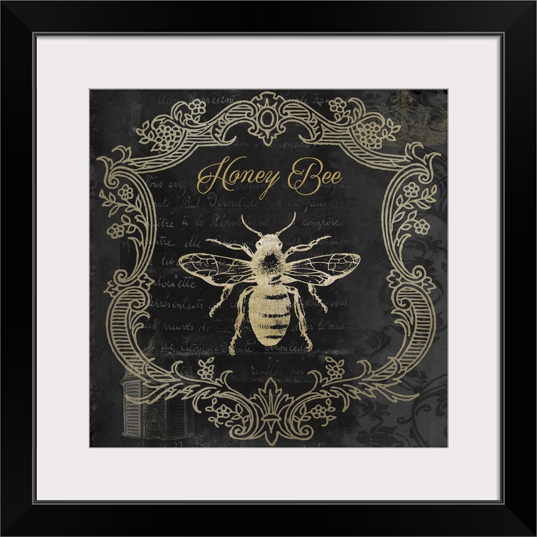 Vintage style sign featuring a bee design with a frame of floral flourishes.