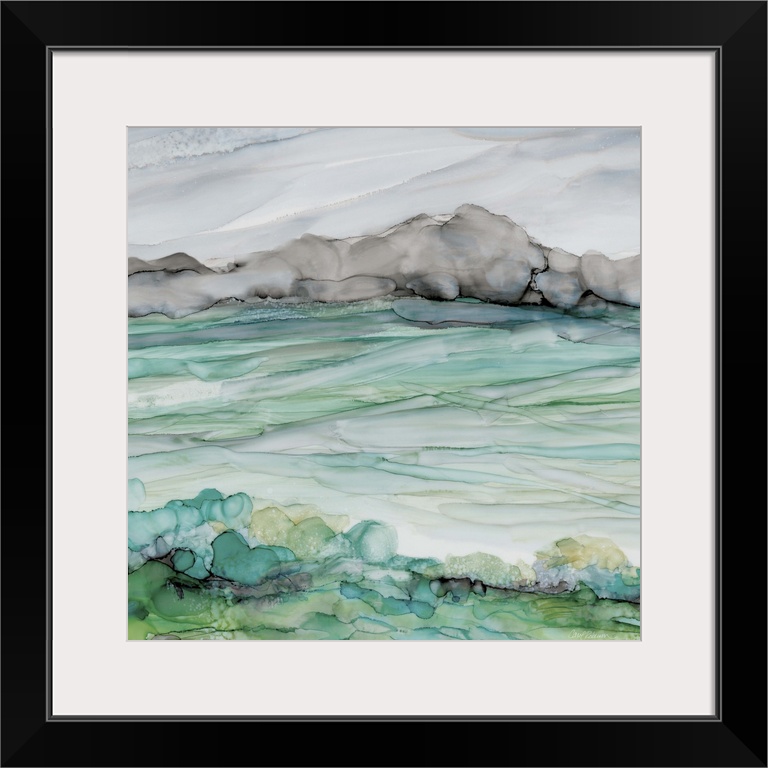 Square watercolor painting of a seascape in bright shades of blue and green with some contrasting black and grey hues.