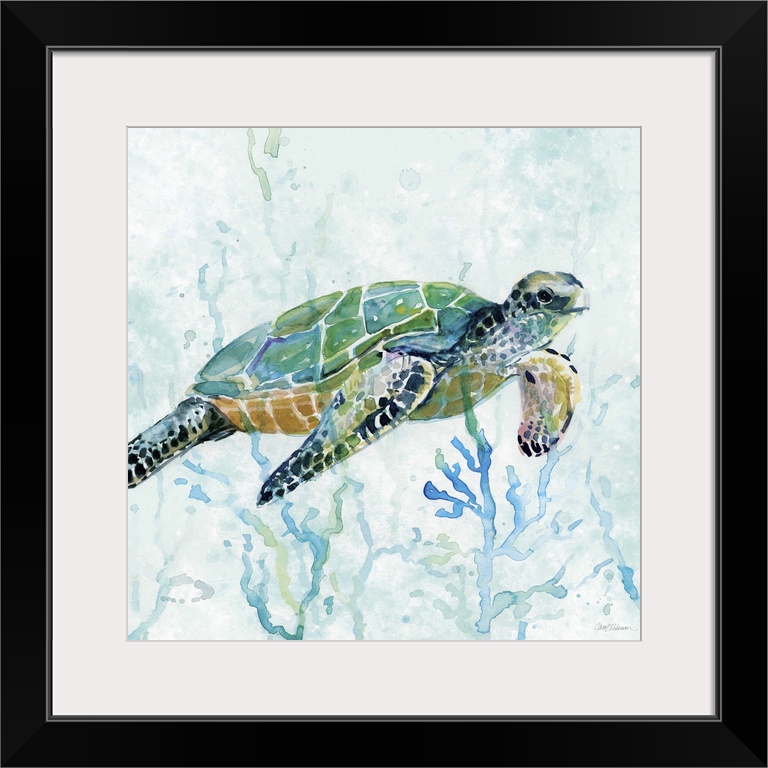 Square watercolor painting of a sea turtle swimming amongst seaweed in shades of blue and green.