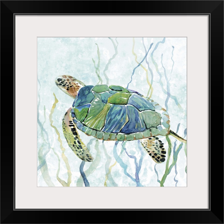 Square watercolor painting of a sea turtle swimming amongst seaweed in shades of blue and green.