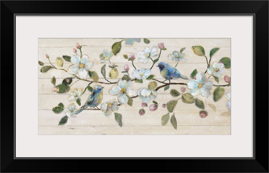 A painting of two birds sitting on a branch surrounded by white flowers on a shiplap background.