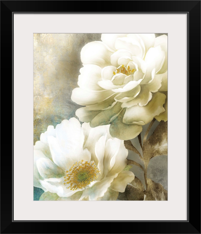 Contemporary painting of two white poppy flowers with gold centers, stems, and leaves.
