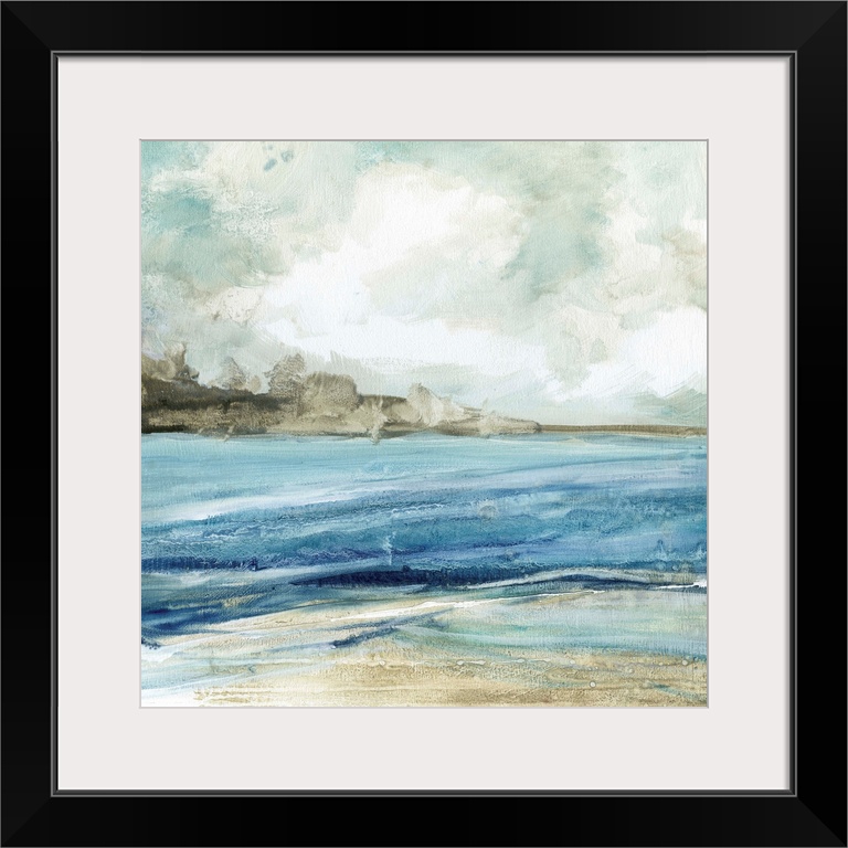 Abstract painting of the beach with layers of blue, gray, and white hues.