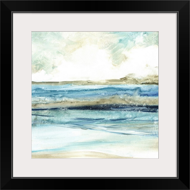 Abstract painting of the beach with layers of blue, gray, and white hues.