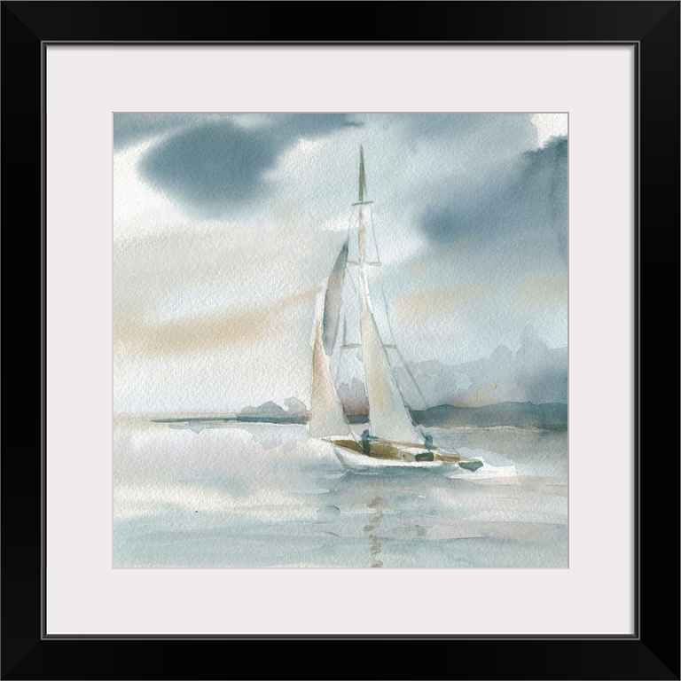 Square watercolor painting of a sailboat on the ocean in shades of blue and beige.