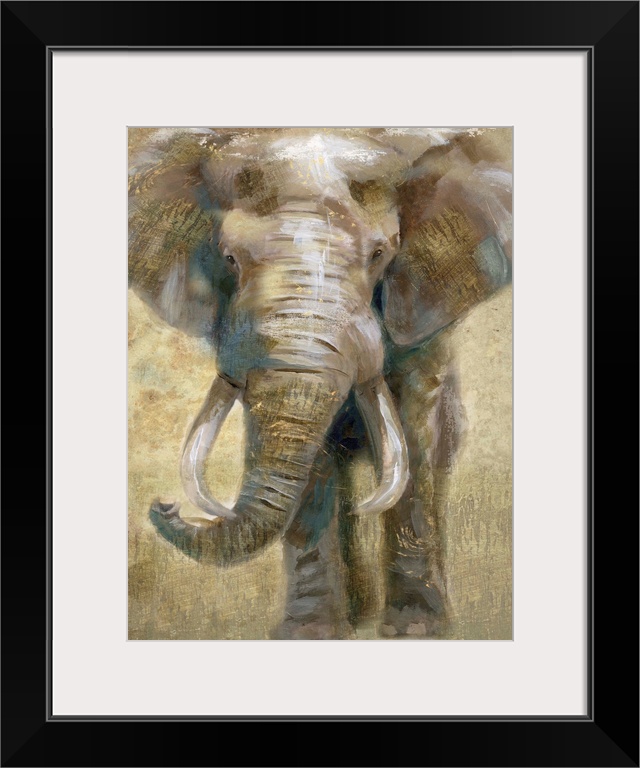 Contemporary painting of an elephant in gray, brown, white, and gold hues.