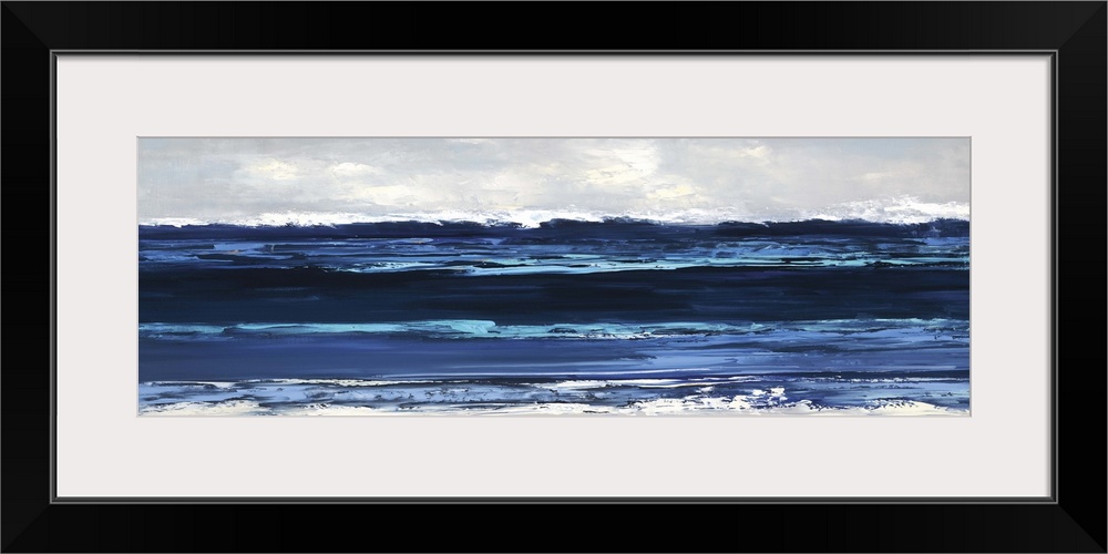 Panoramic painting of horizontal brush strokes illustrating waves of the ocean coming to shore.