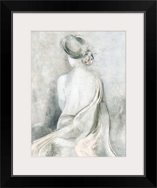Thin white brush strokes outlines a woman partially wrapped with a sheet patterned with carefree textures.