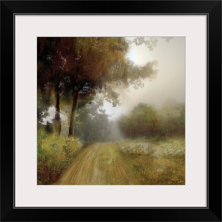 Square painting of a pathway going through a rural landscape with tall trees and Autumn colors.