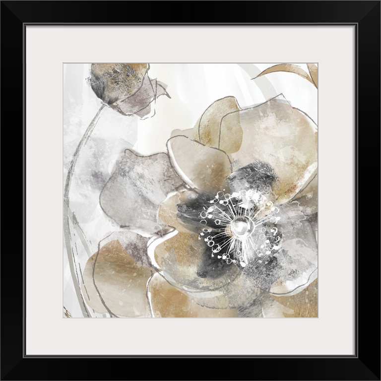 Square painting of poppy flowers in shades of gold and silver with white highlights.