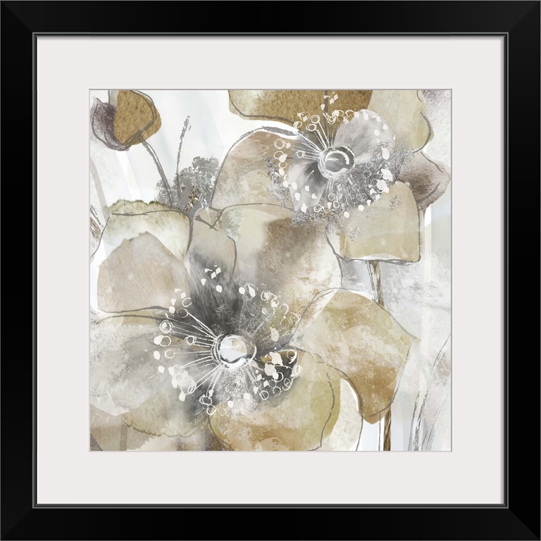 Square painting of poppy flowers in shades of gold and silver with white highlights.