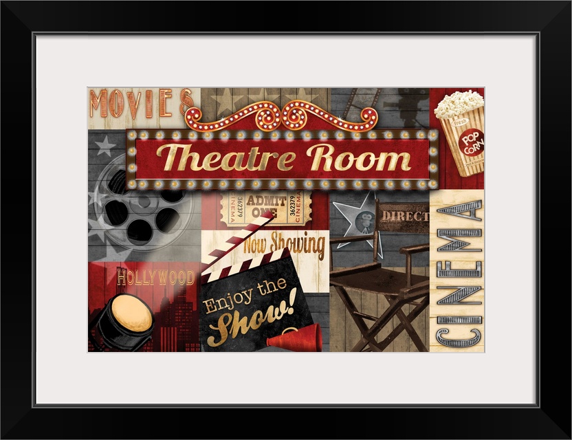 A collage of movie theater themed graphic elements featuring a director's clap board, film reel and other cinema themed it...