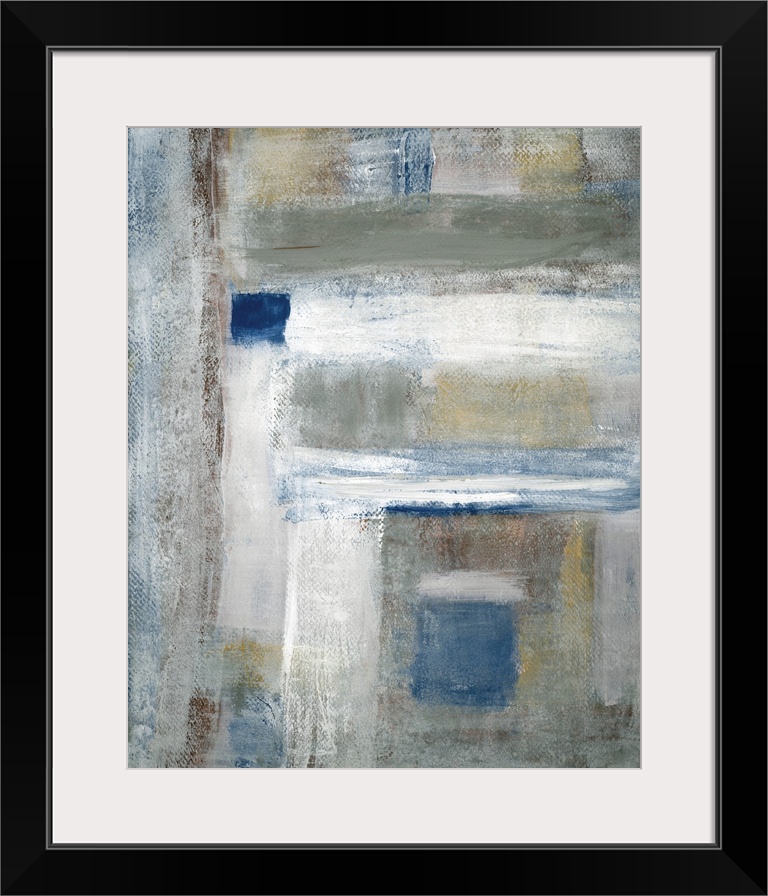 Abstract painting of perpendicular brush strokes in colors of blue, white and gray.