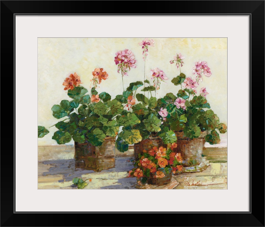 Dynamic brush strokes create potted plants and flowers sitting on a veranda in Positano, Italy.