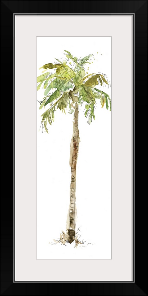 Tall watercolor painting of a palm tree on a solid white background.